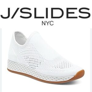 J/Slides Urban Tiger Sport White slip-on sneakers featuring a stretch knit upper